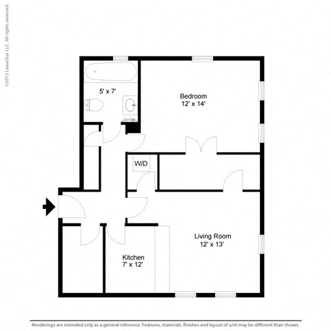 Floor plan for 1 bed, 1 bath, 558 sqft